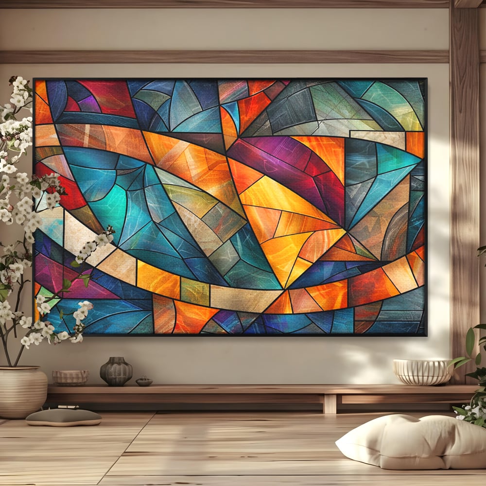 Tablou canvas cu tablou canvas cu mozaic geometric colorat, in rama de aluminiu negru